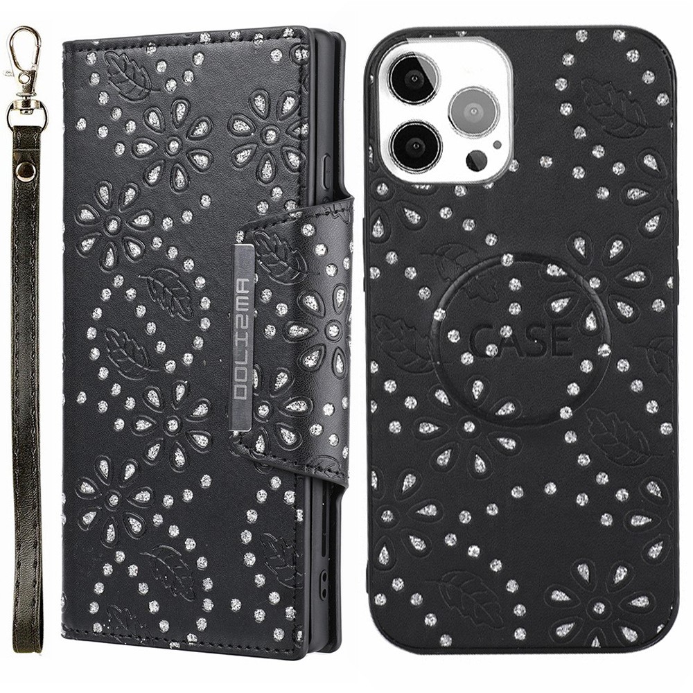 PU Leather Case Leaf Imprint Pattern Magnetic Absorbed Phone Wallet Cover for iPhone 12 / iPhone 12 Pro 6.1 inch - Black-1