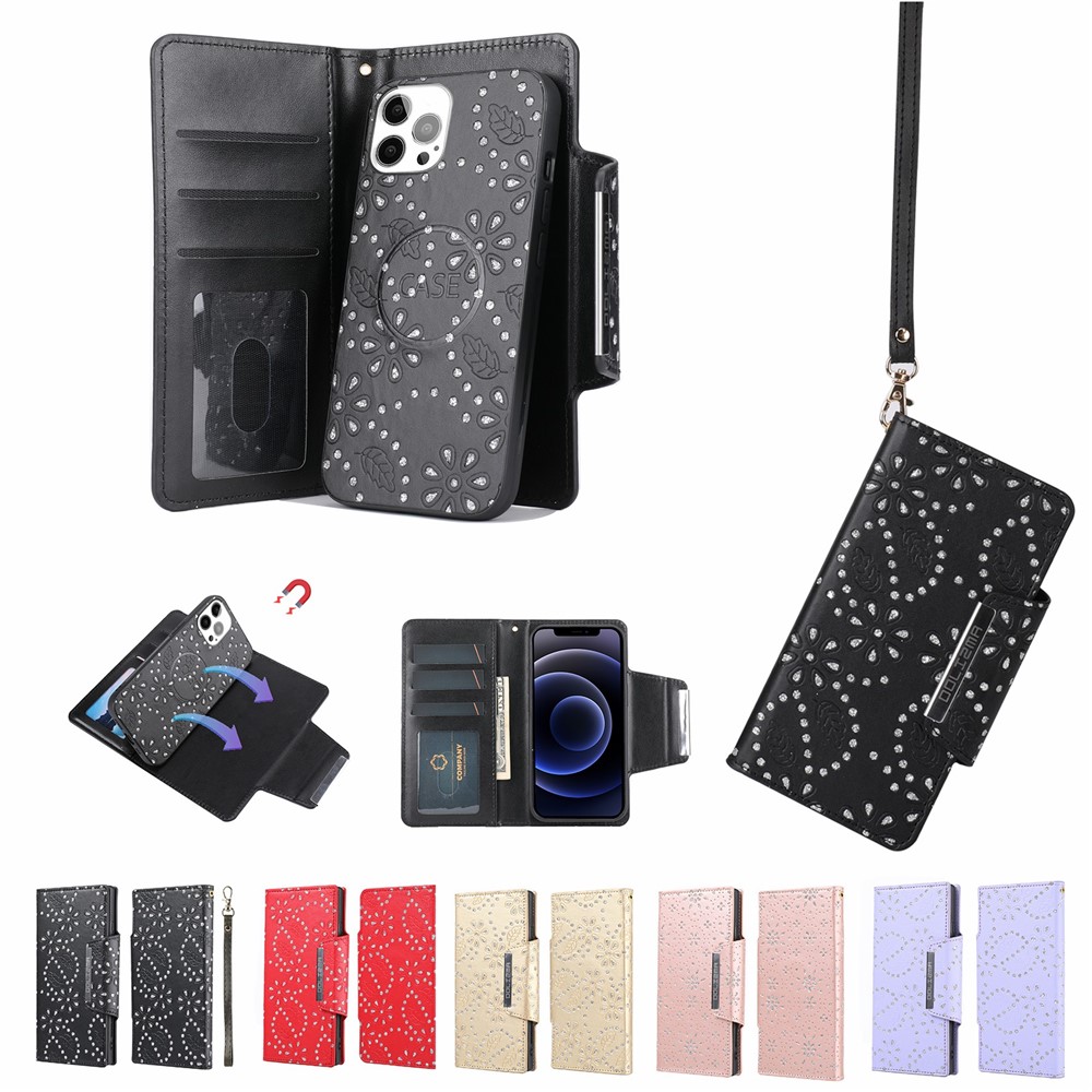 PU Leather Case Leaf Imprint Pattern Magnetic Absorbed Phone Wallet Cover for iPhone 12 / iPhone 12 Pro 6.1 inch - Black-8