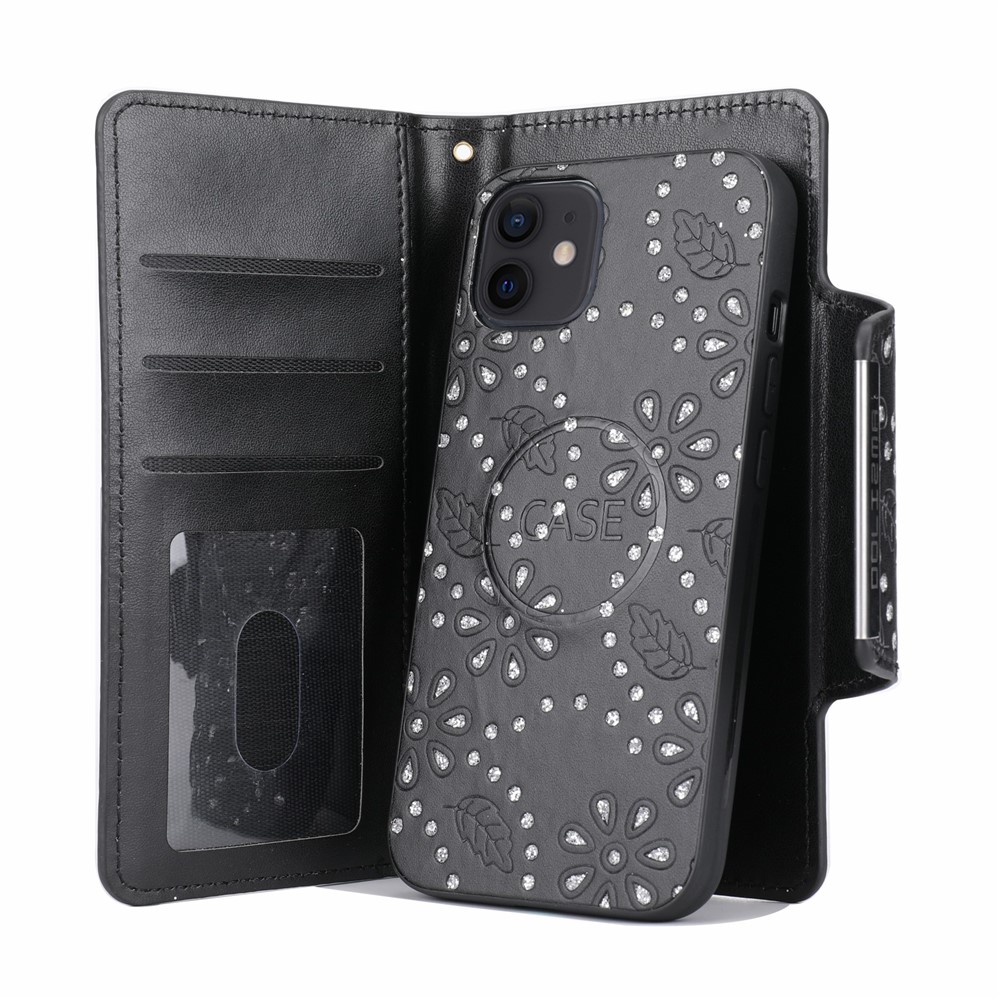 For iPhone 12 mini 5.4 inch Leaf Imprint Glitter Flower Ultra-thin Phone Case Detachable PU Leather Fully Wrapped Wallet Cover - Black-2