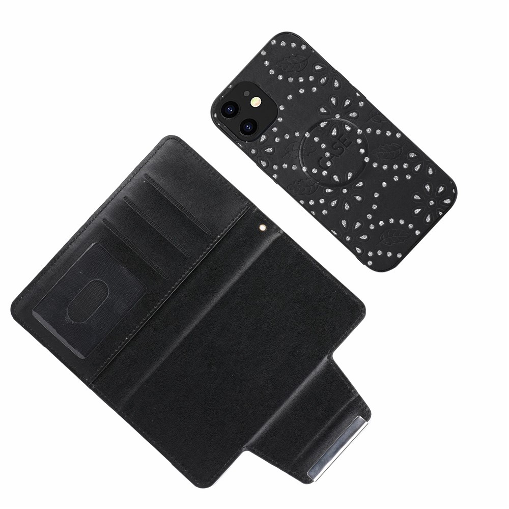 For iPhone 12 mini 5.4 inch Leaf Imprint Glitter Flower Ultra-thin Phone Case Detachable PU Leather Fully Wrapped Wallet Cover - Black-4