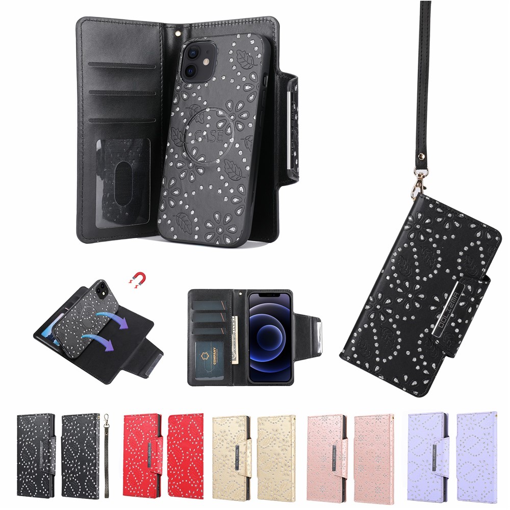 For iPhone 12 mini 5.4 inch Leaf Imprint Glitter Flower Ultra-thin Phone Case Detachable PU Leather Fully Wrapped Wallet Cover - Black-8