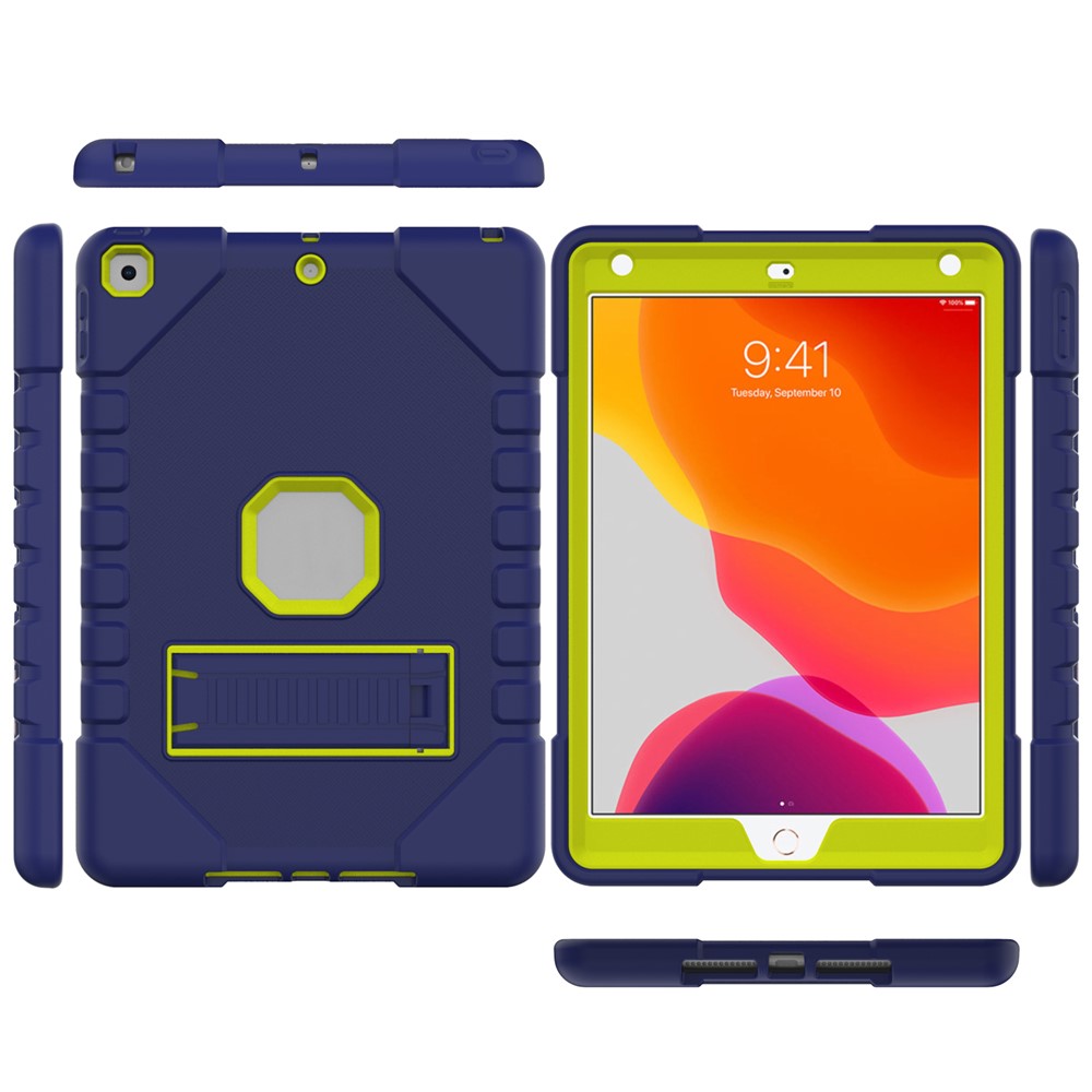 For iPad 10.2 (2021)/(2020)/(2019) Thickened PC + Silicone Protective Tablet Case Kickstand Cover - Navy Blue/Yellow-4