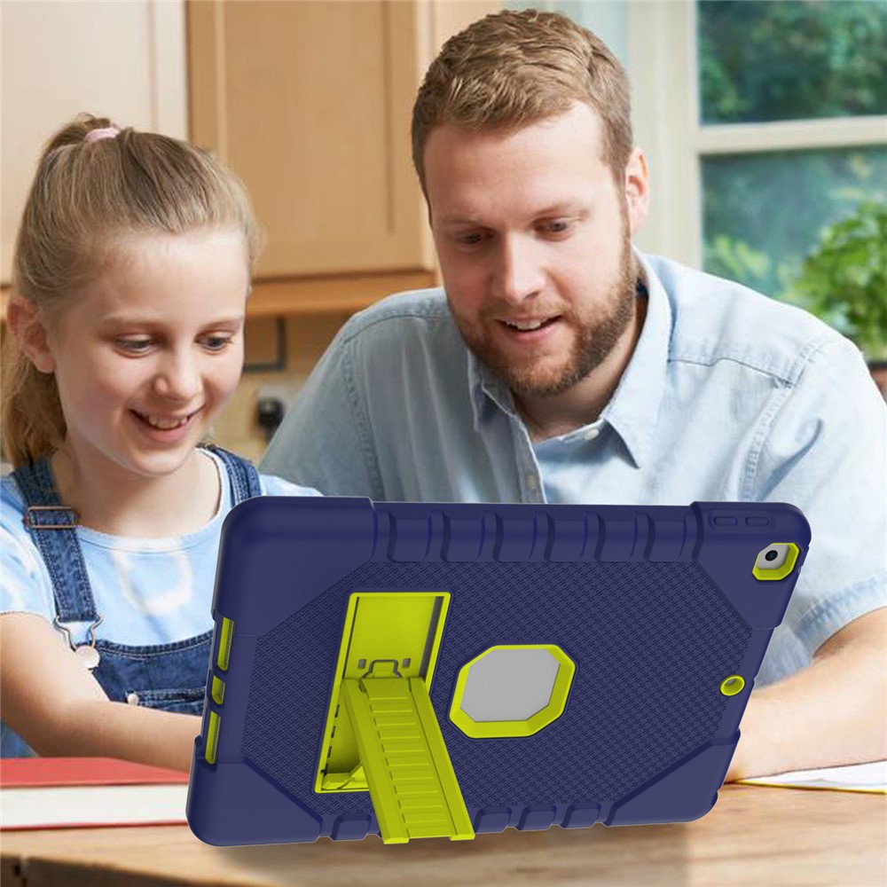 For iPad 10.2 (2021)/(2020)/(2019) Thickened PC + Silicone Protective Tablet Case Kickstand Cover - Navy Blue/Yellow-6