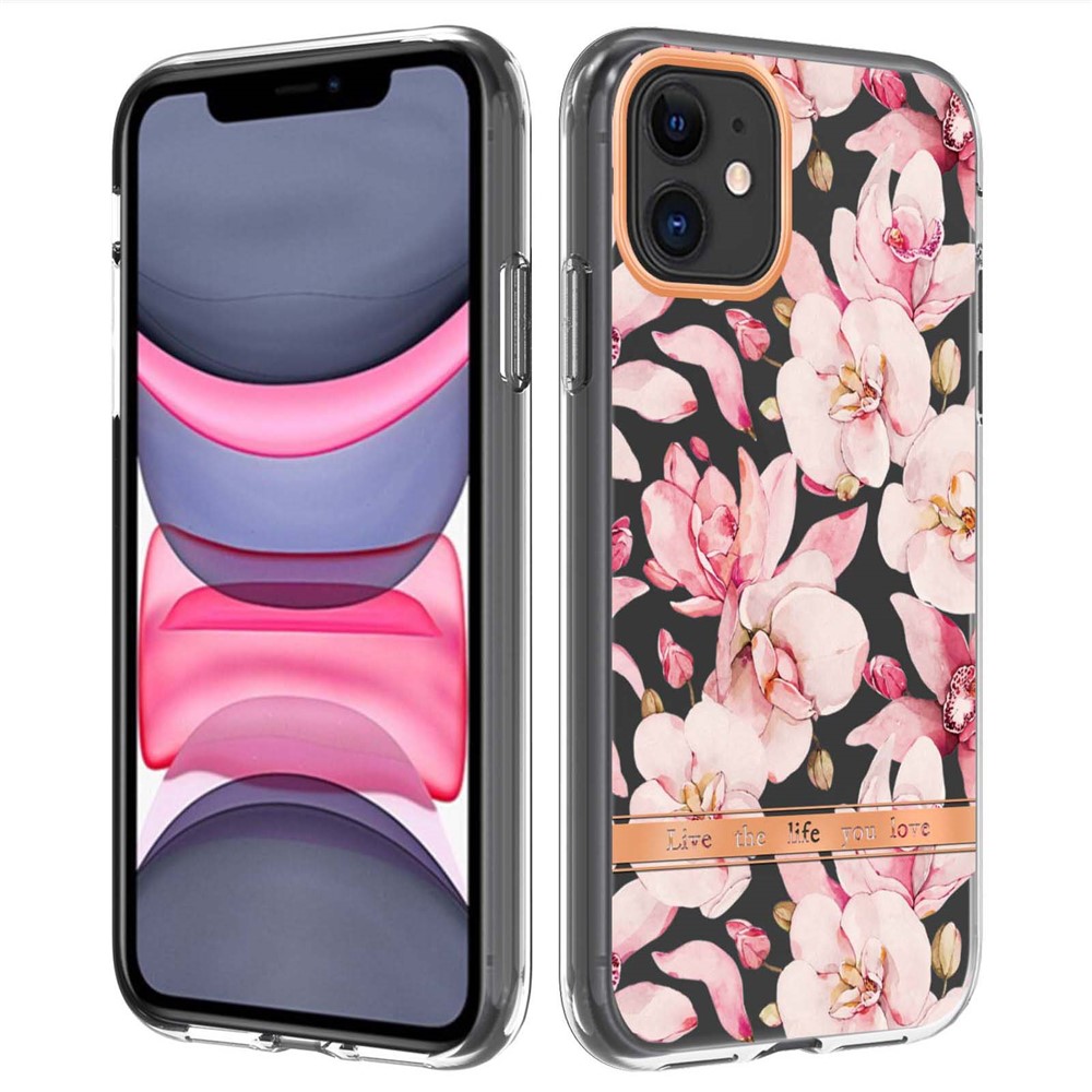 LB5 Series TPU Phone Case for iPhone 11 6.1 inch, Electroplating Flower Patterns IMD IML Phone Protective Cover - HC005 Pink Gardenia-1