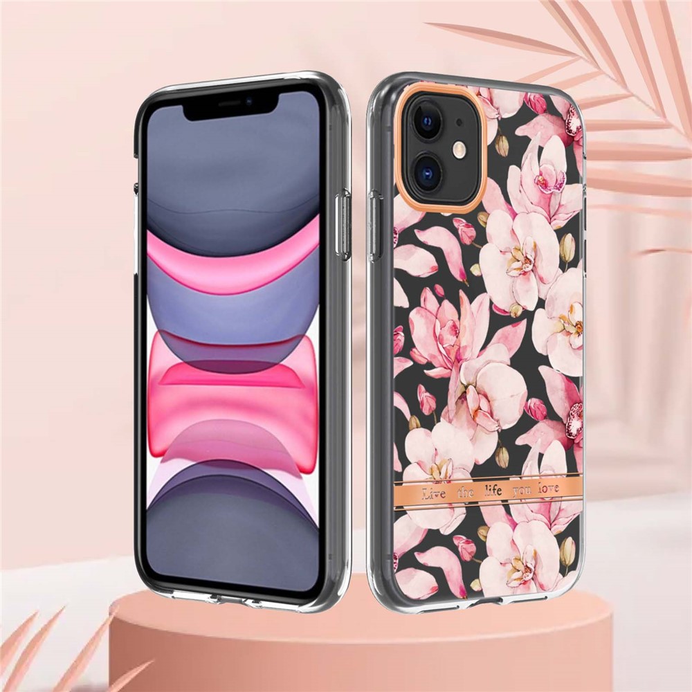 LB5 Series TPU Phone Case for iPhone 11 6.1 inch, Electroplating Flower Patterns IMD IML Phone Protective Cover - HC005 Pink Gardenia-7