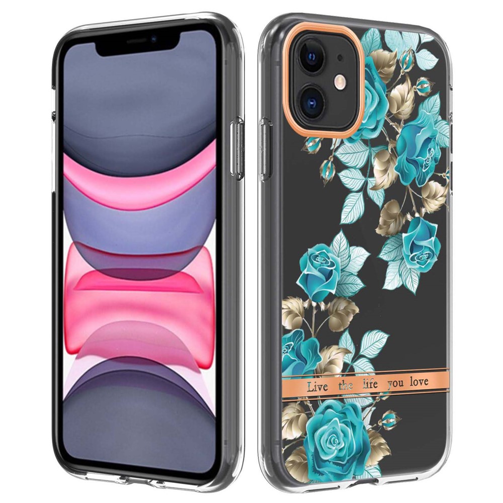 LB5 Series TPU Phone Case for iPhone 11 6.1 inch, Electroplating Flower Patterns IMD IML Phone Protective Cover - HC002 Blue Rose