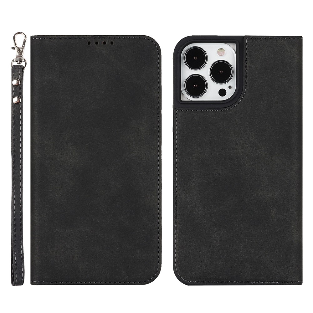 For iPhone 13 Pro Max 6.7 inch PU Leather Skin-touch Feeling Auto-absorbed Folio Fip Phone Case Shell with Wallet Stand - Black-1