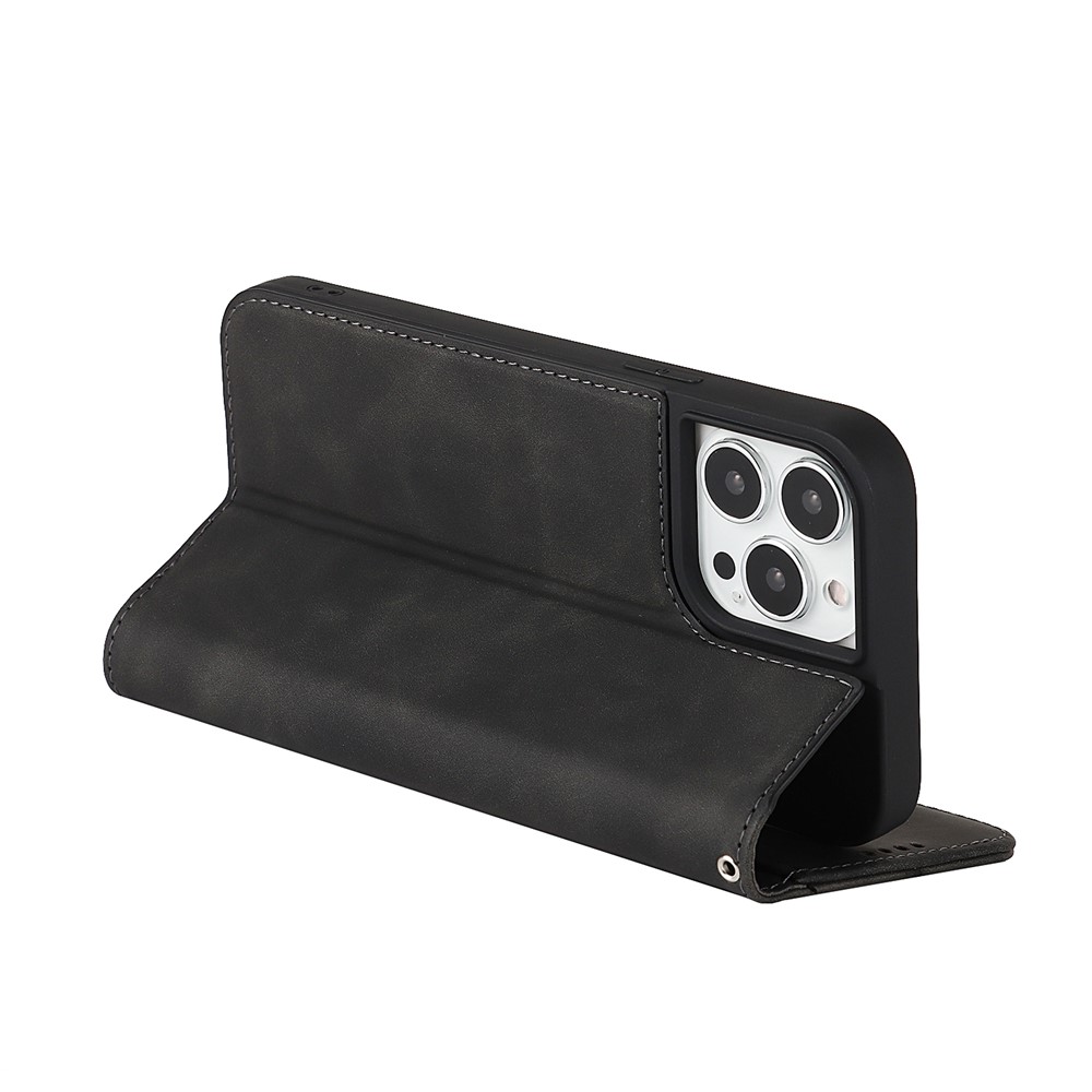 For iPhone 13 Pro Max 6.7 inch PU Leather Skin-touch Feeling Auto-absorbed Folio Fip Phone Case Shell with Wallet Stand - Black-8