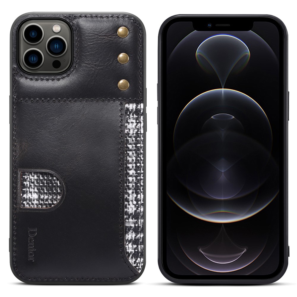 DENIOR For iPhone 13 Pro Max 6.7 inch Back Card Holder Waxy Genuine Leather Coating Anti-drop Soft TPU Case - Black-1