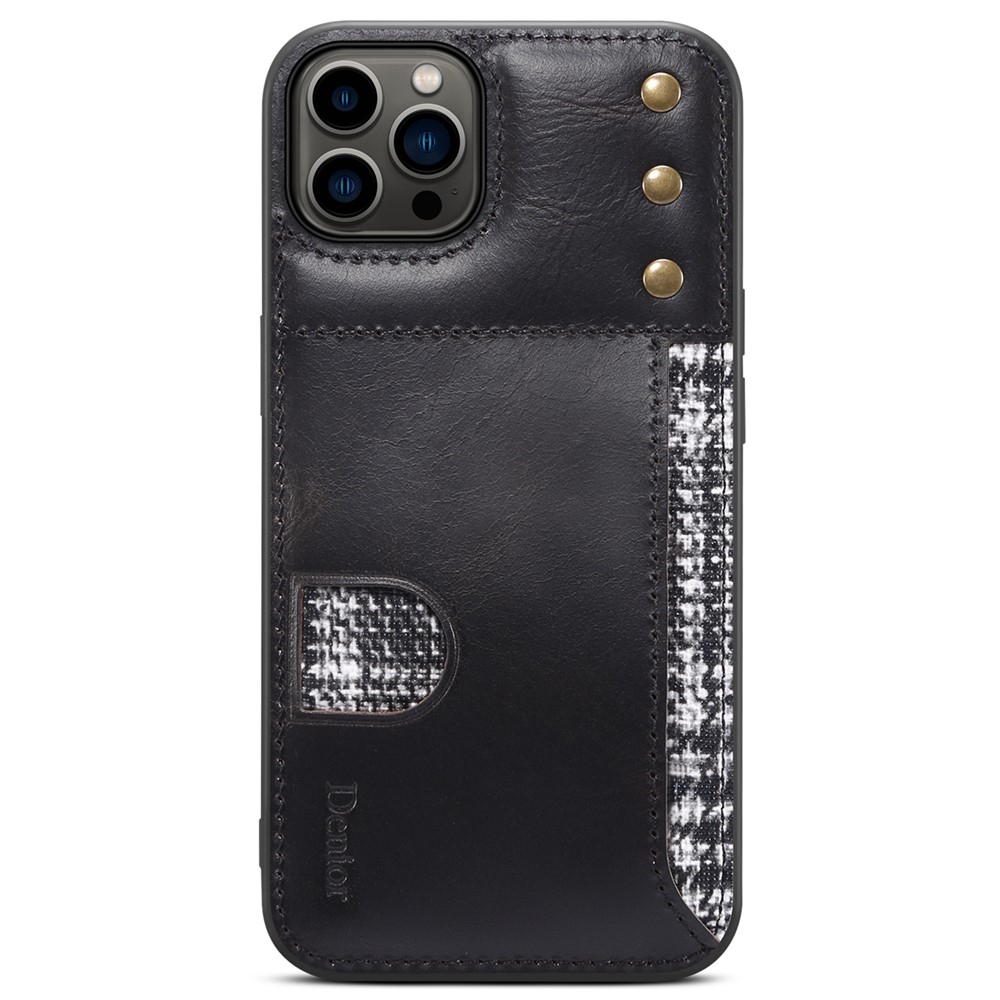 DENIOR For iPhone 13 Pro Max 6.7 inch Back Card Holder Waxy Genuine Leather Coating Anti-drop Soft TPU Case - Black-3