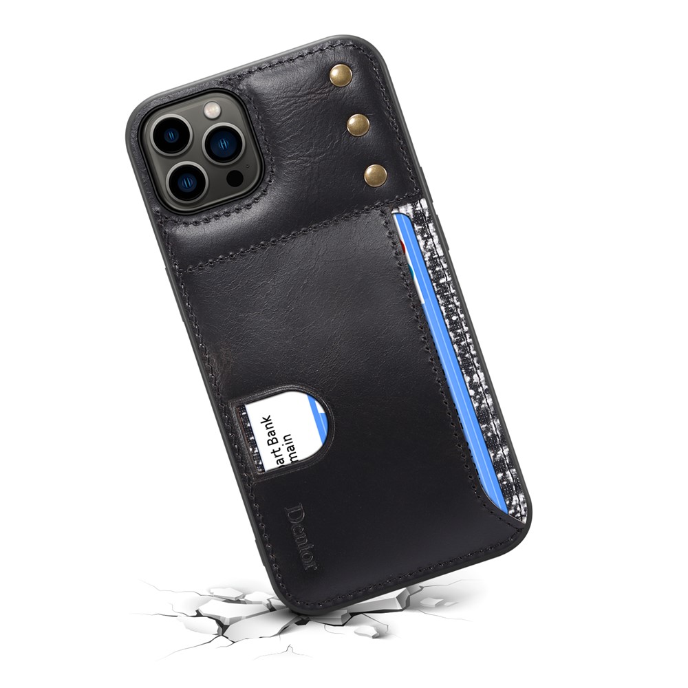 DENIOR For iPhone 13 Pro Max 6.7 inch Back Card Holder Waxy Genuine Leather Coating Anti-drop Soft TPU Case - Black-7