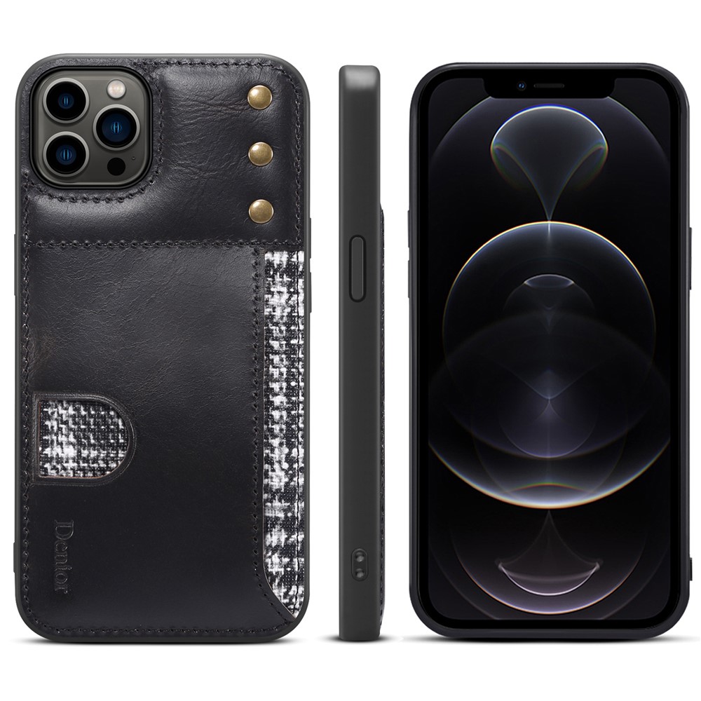 DENIOR For iPhone 13 Pro Max 6.7 inch Back Card Holder Waxy Genuine Leather Coating Anti-drop Soft TPU Case - Black-8