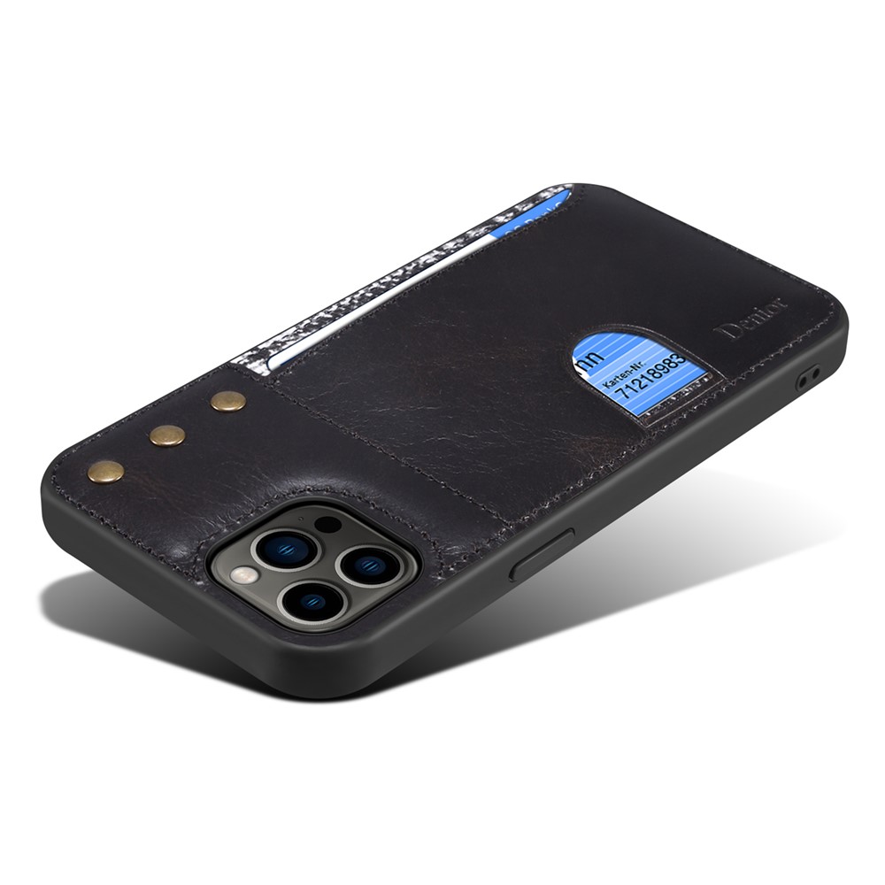 DENIOR Waxy Genuine Leather Coating Card Slot Phone Case for iPhone 12 Pro Max 6.7 inch, Scratch-resistant TPU Phone Cover Protector - Black-6