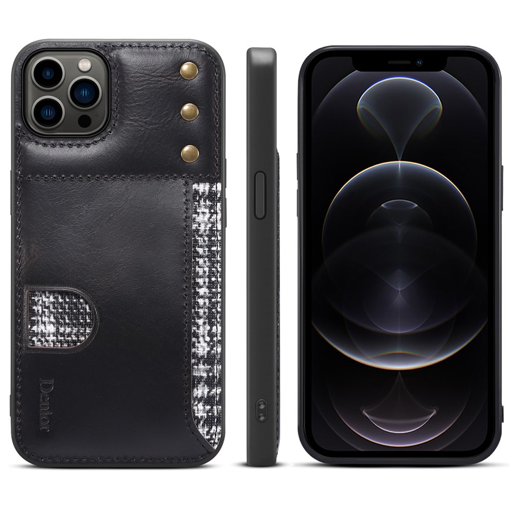DENIOR Waxy Genuine Leather Coating Card Slot Phone Case for iPhone 12 Pro Max 6.7 inch, Scratch-resistant TPU Phone Cover Protector - Black-8