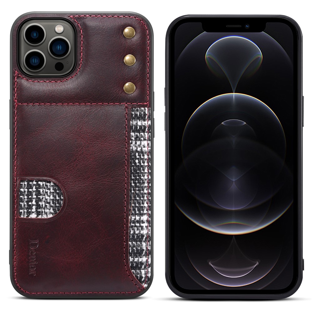 DENIOR Waxy Genuine Leather Coating Card Slot Phone Case for iPhone 12 Pro Max 6.7 inch, Scratch-resistant TPU Phone Cover Protector - Red-1