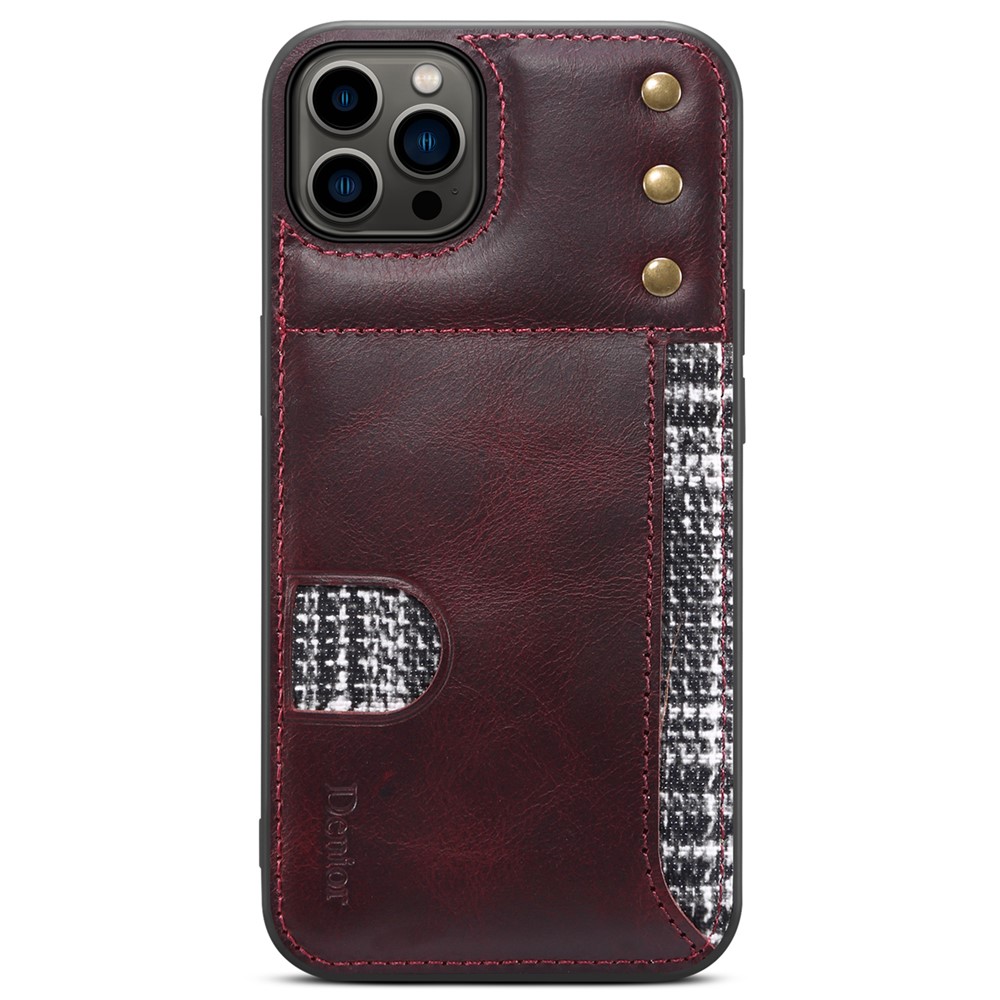 DENIOR Waxy Genuine Leather Coating Card Slot Phone Case for iPhone 12 Pro Max 6.7 inch, Scratch-resistant TPU Phone Cover Protector - Red-3