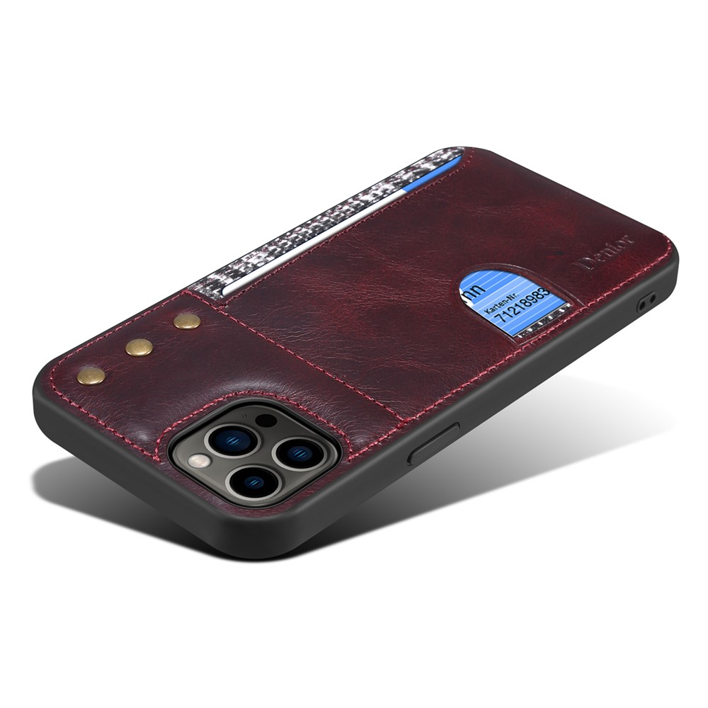 DENIOR Waxy Genuine Leather Coating Card Slot Phone Case for iPhone 12 Pro Max 6.7 inch, Scratch-resistant TPU Phone Cover Protector - Red-6