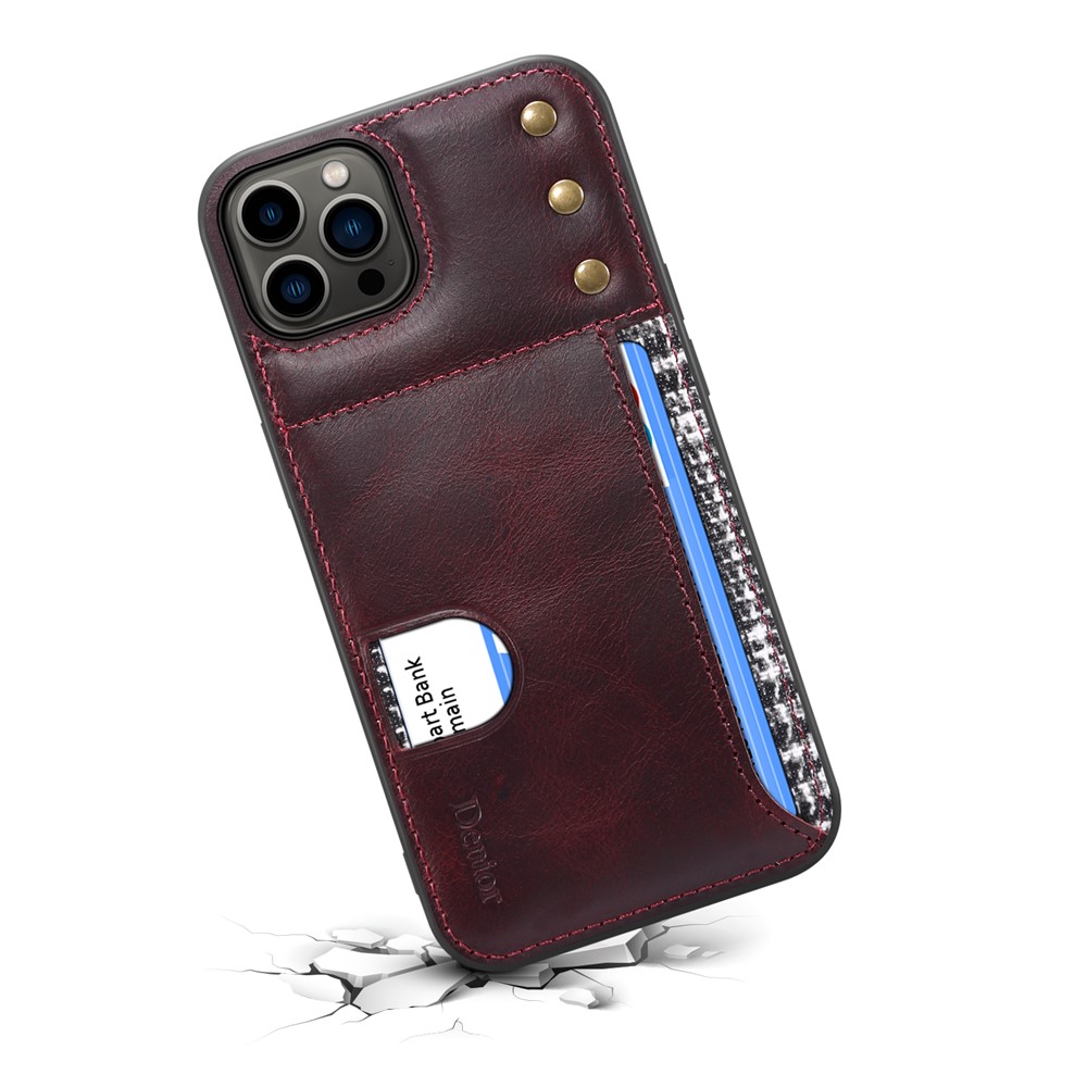 DENIOR Waxy Genuine Leather Coating Card Slot Phone Case for iPhone 12 Pro Max 6.7 inch, Scratch-resistant TPU Phone Cover Protector - Red-7