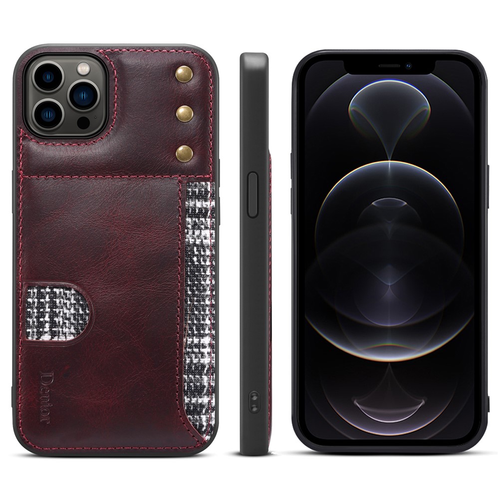 DENIOR Waxy Genuine Leather Coating Card Slot Phone Case for iPhone 12 Pro Max 6.7 inch, Scratch-resistant TPU Phone Cover Protector - Red-8