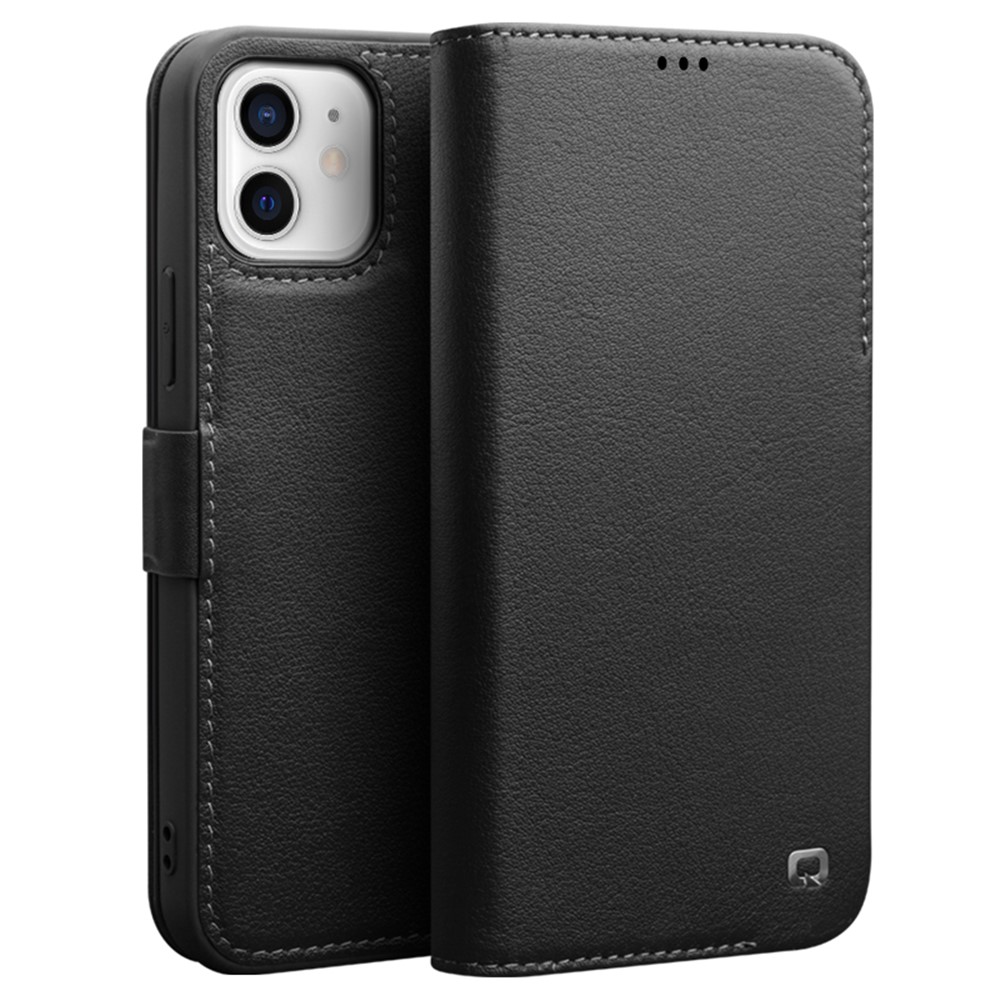 QIALINO For iPhone 12 mini 5.4 inch Magnetic Closure Genuine Leather Wallet Phone Case Stand Cover - Black