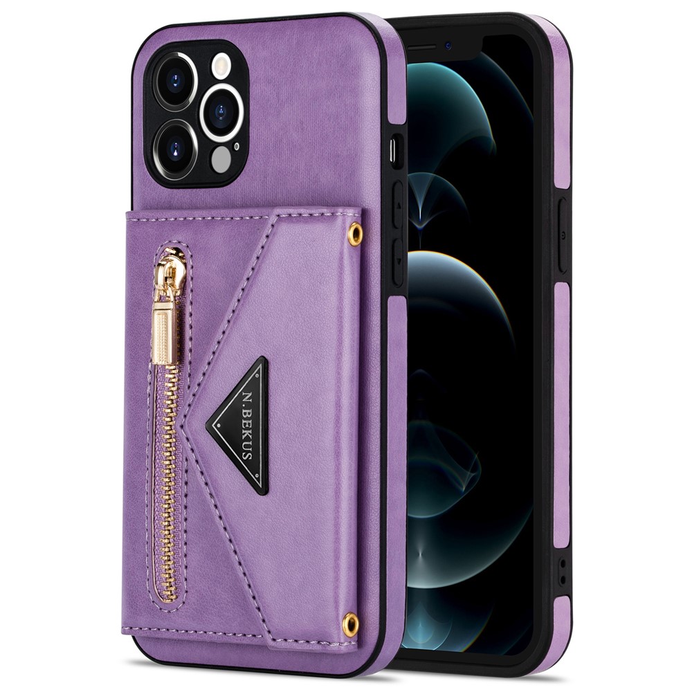 N.BEKUS for iPhone 12 Pro 6.1 inch Kickstand Design Zippered Pocket PU Leather + TPU Phone Case with Long Lanyard - Purple-2