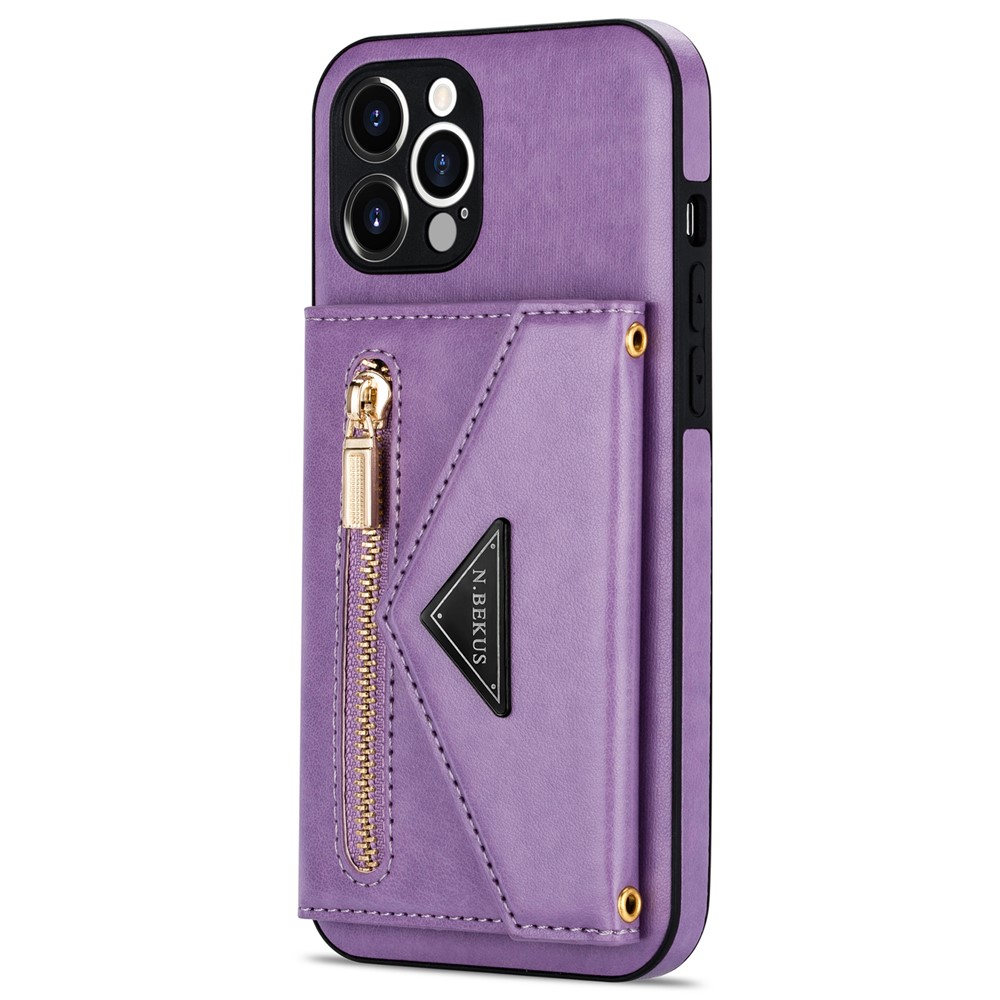 N.BEKUS for iPhone 12 Pro 6.1 inch Kickstand Design Zippered Pocket PU Leather + TPU Phone Case with Long Lanyard - Purple-3