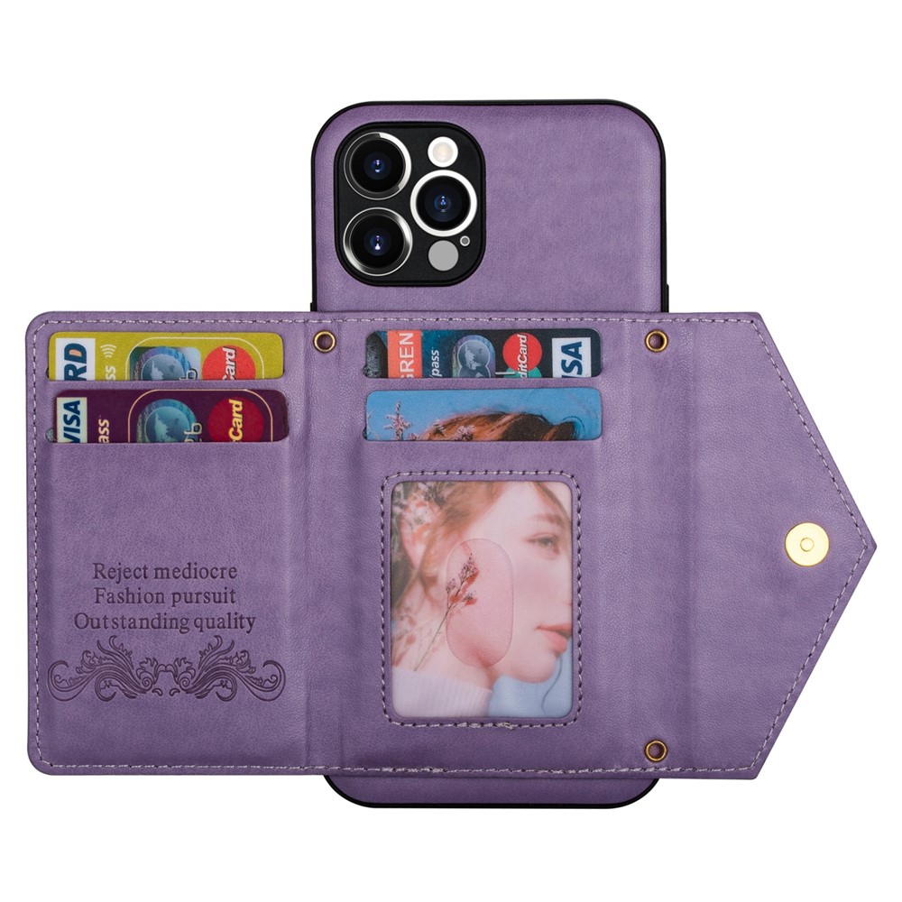 N.BEKUS for iPhone 12 Pro 6.1 inch Kickstand Design Zippered Pocket PU Leather + TPU Phone Case with Long Lanyard - Purple-5