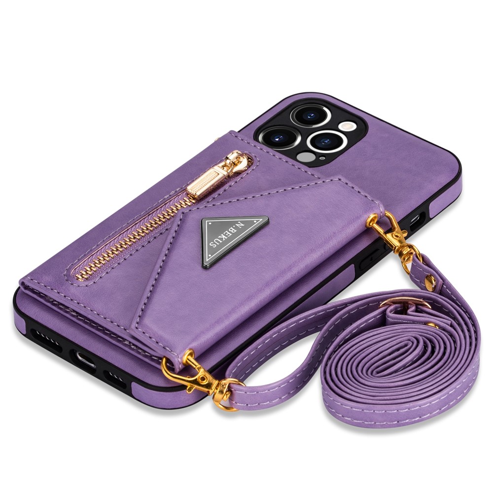 N.BEKUS for iPhone 12 Pro 6.1 inch Kickstand Design Zippered Pocket PU Leather + TPU Phone Case with Long Lanyard - Purple-6