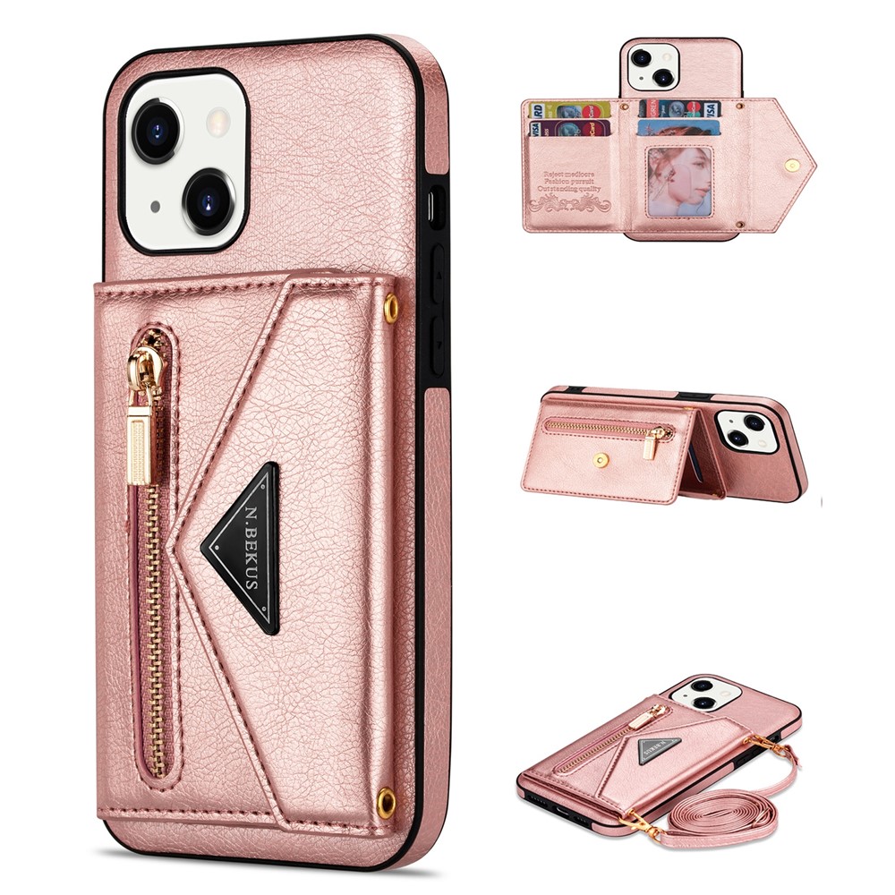 N.BEKUS for iPhone 13 mini 5.4 inch Anti-fall Kickstand Design Snap Button Wallet PU Leather + TPU Phone Case - Pink