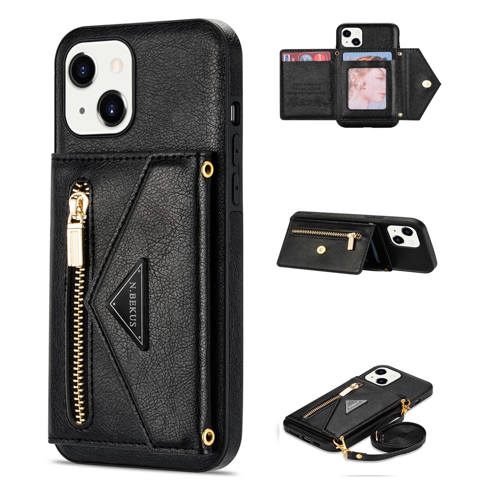 N.BEKUS for iPhone 13 mini 5.4 inch Anti-fall Kickstand Design Snap Button Wallet PU Leather + TPU Phone Case - Black