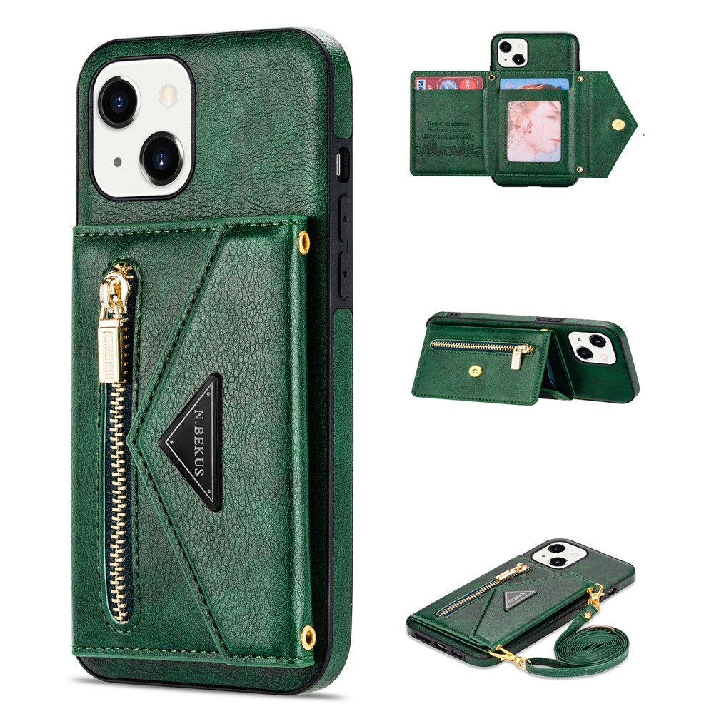 N.BEKUS for iPhone 13 mini 5.4 inch Anti-fall Kickstand Design Snap Button Wallet PU Leather + TPU Phone Case - Blackish Green