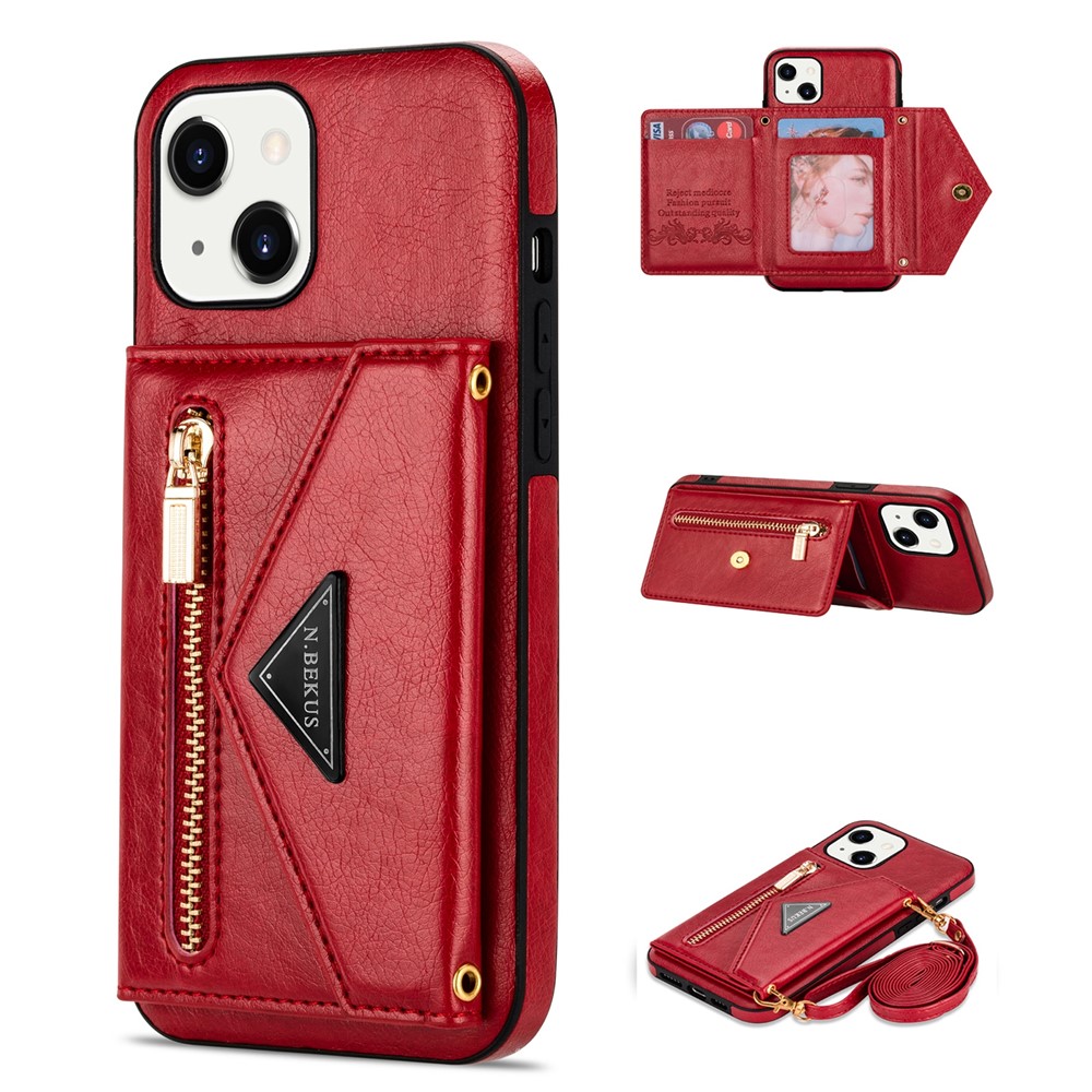 N.BEKUS for iPhone 13 mini 5.4 inch Anti-fall Kickstand Design Snap Button Wallet PU Leather + TPU Phone Case - Red