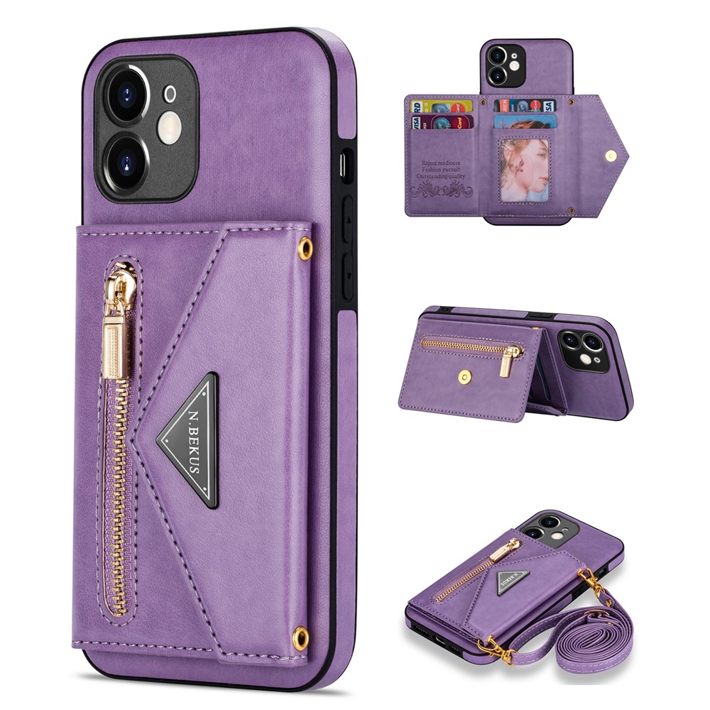 N.BEKUS for iPhone 12 mini 5.4 inch Kickstand Design Wallet Anti-scratch Drop-proof PU Leather + TPU Mobile Phone Case with Long Lanyard - Purple