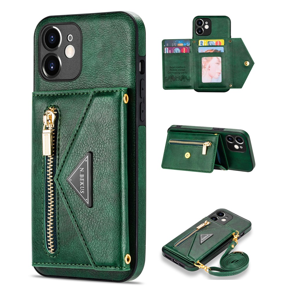 N.BEKUS for iPhone 12 mini 5.4 inch Kickstand Design Wallet Anti-scratch Drop-proof PU Leather + TPU Mobile Phone Case with Long Lanyard - Blackish Green