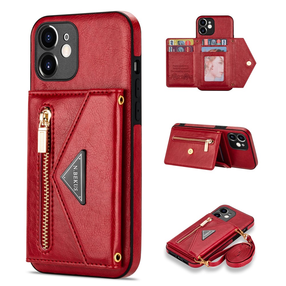 N.BEKUS for iPhone 12 mini 5.4 inch Kickstand Design Wallet Anti-scratch Drop-proof PU Leather + TPU Mobile Phone Case with Long Lanyard - Red