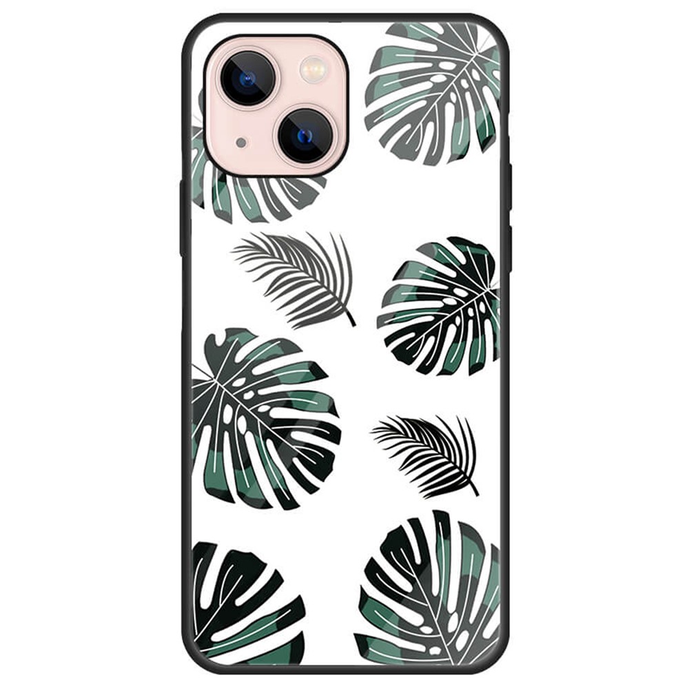 Pattern Printing Phone Case for iPhone 13 mini 5.4 inch, Anti-Scratch Tempered Glass+PC Back TPU Frame Hybrid Shockproof Cover - Leaves