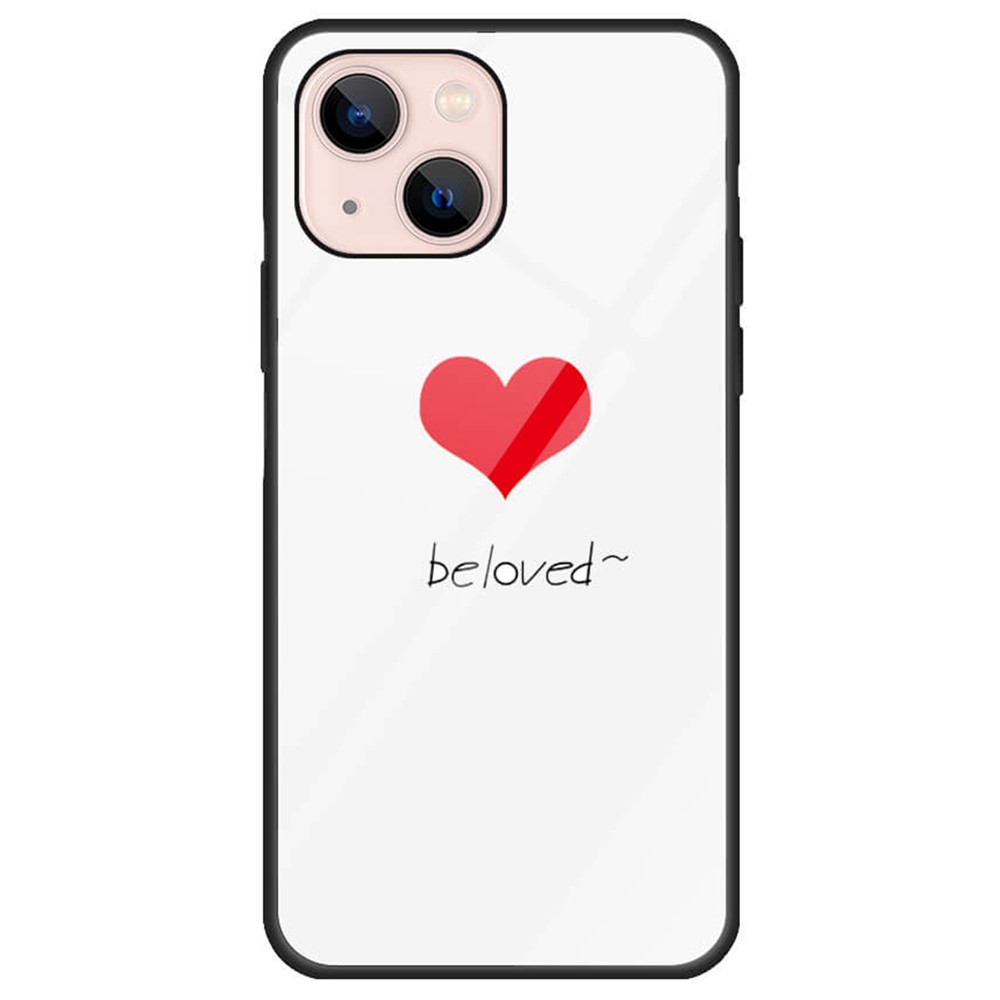 For iPhone 13 6.1 inch Case, Pattern Design Hard Tempered Glass+PC Back TPU Frame Shockproof Cover - Beloved-1