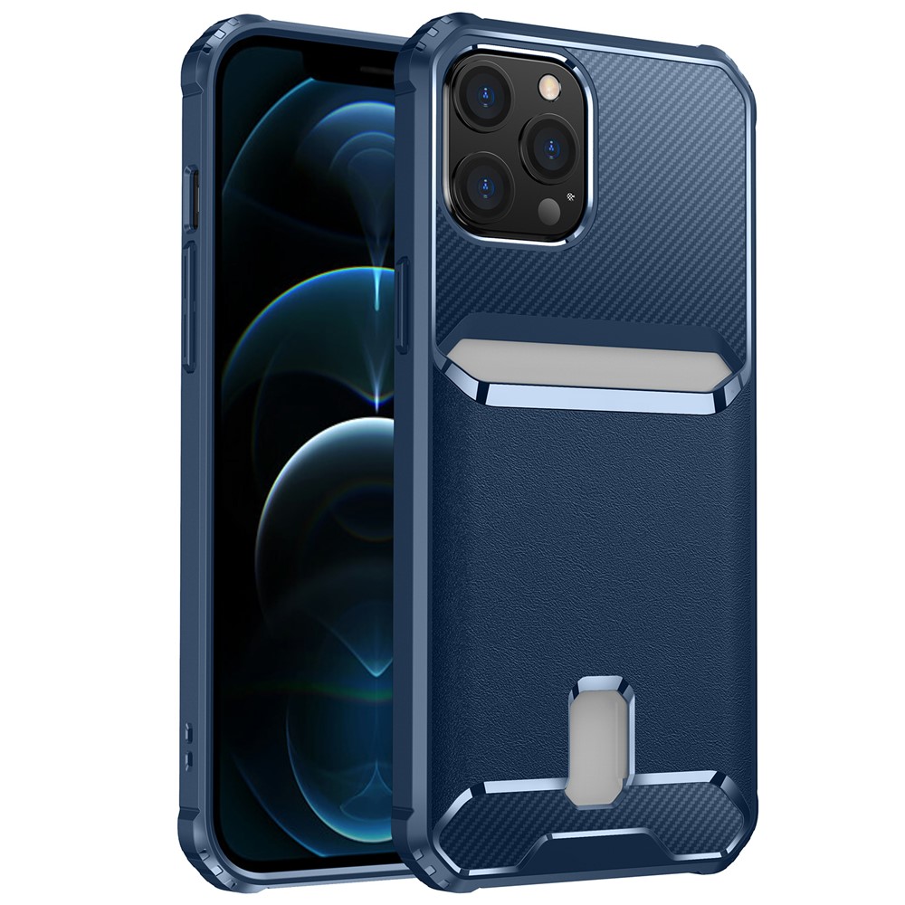 For iPhone 12/12 Pro 6.1 inch Shockproof Anti-fall Soft TPU Carbon Fiber Textured Card Slot Design Protective Phone Case Cover - Blue-1