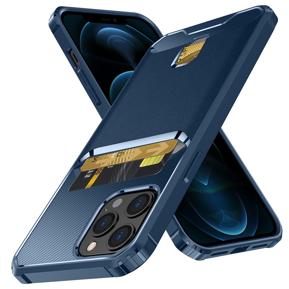 For iPhone 12/12 Pro 6.1 inch Shockproof Anti-fall Soft TPU Carbon Fiber Textured Card Slot Design Protective Phone Case Cover - Blue-3