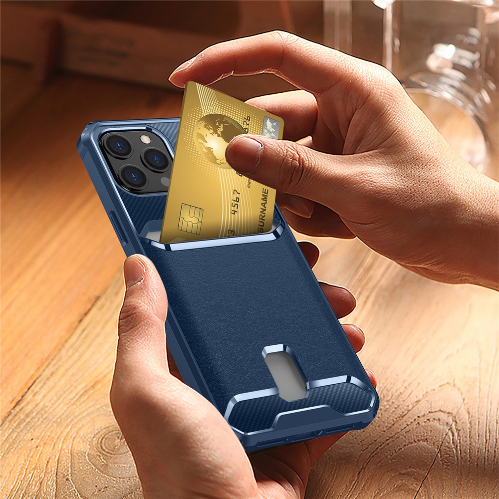 For iPhone 12/12 Pro 6.1 inch Shockproof Anti-fall Soft TPU Carbon Fiber Textured Card Slot Design Protective Phone Case Cover - Blue-4