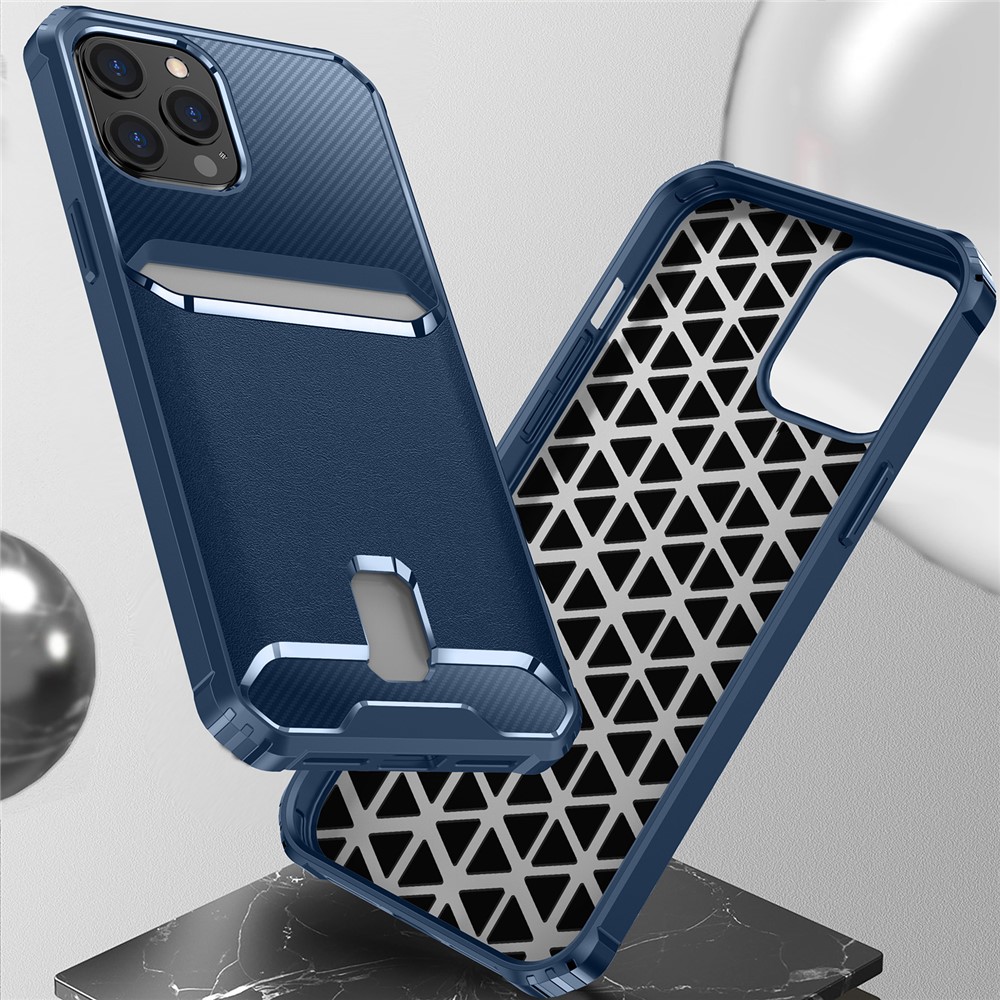 For iPhone 12/12 Pro 6.1 inch Shockproof Anti-fall Soft TPU Carbon Fiber Textured Card Slot Design Protective Phone Case Cover - Blue-8