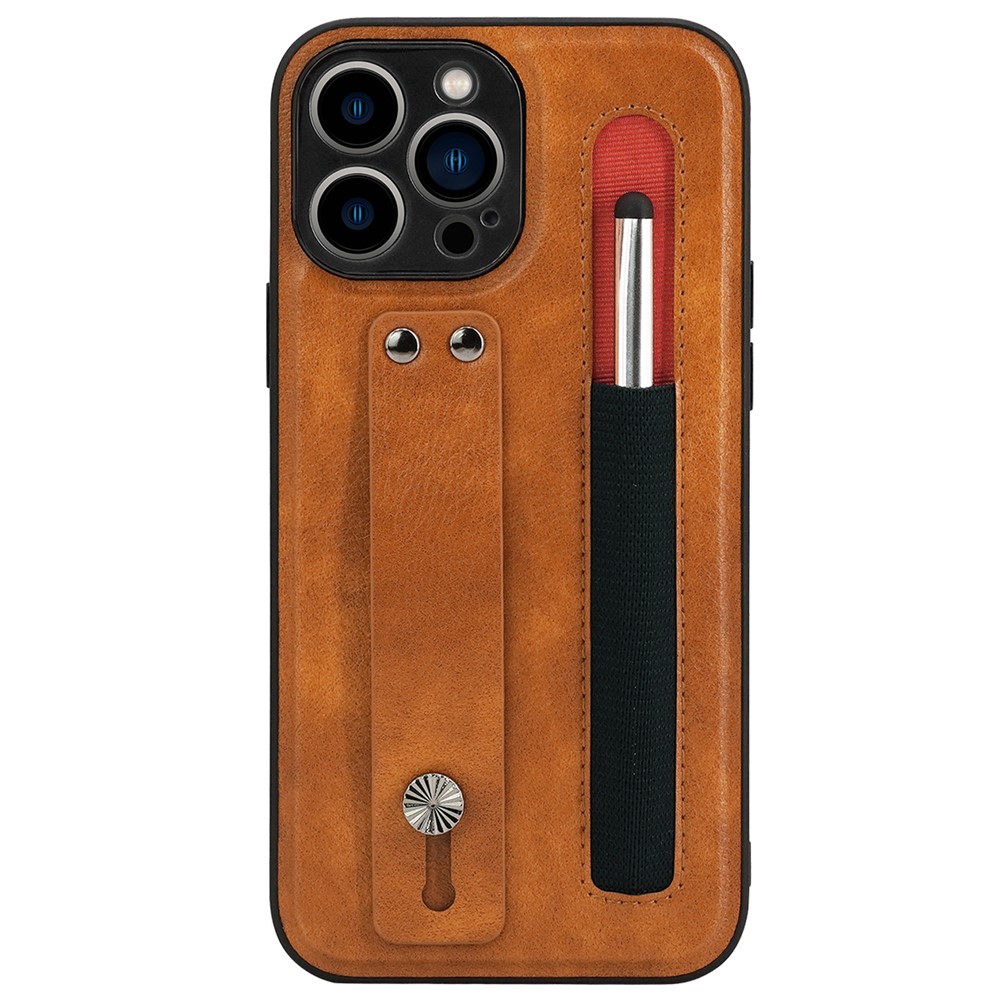 007 Series for iPhone 12 Pro 6.1 inch PU Leather Coated TPU Well-protected Anti-scratch Hand Strap Kickstand Cell Phone Case with Stylus - Brown-3