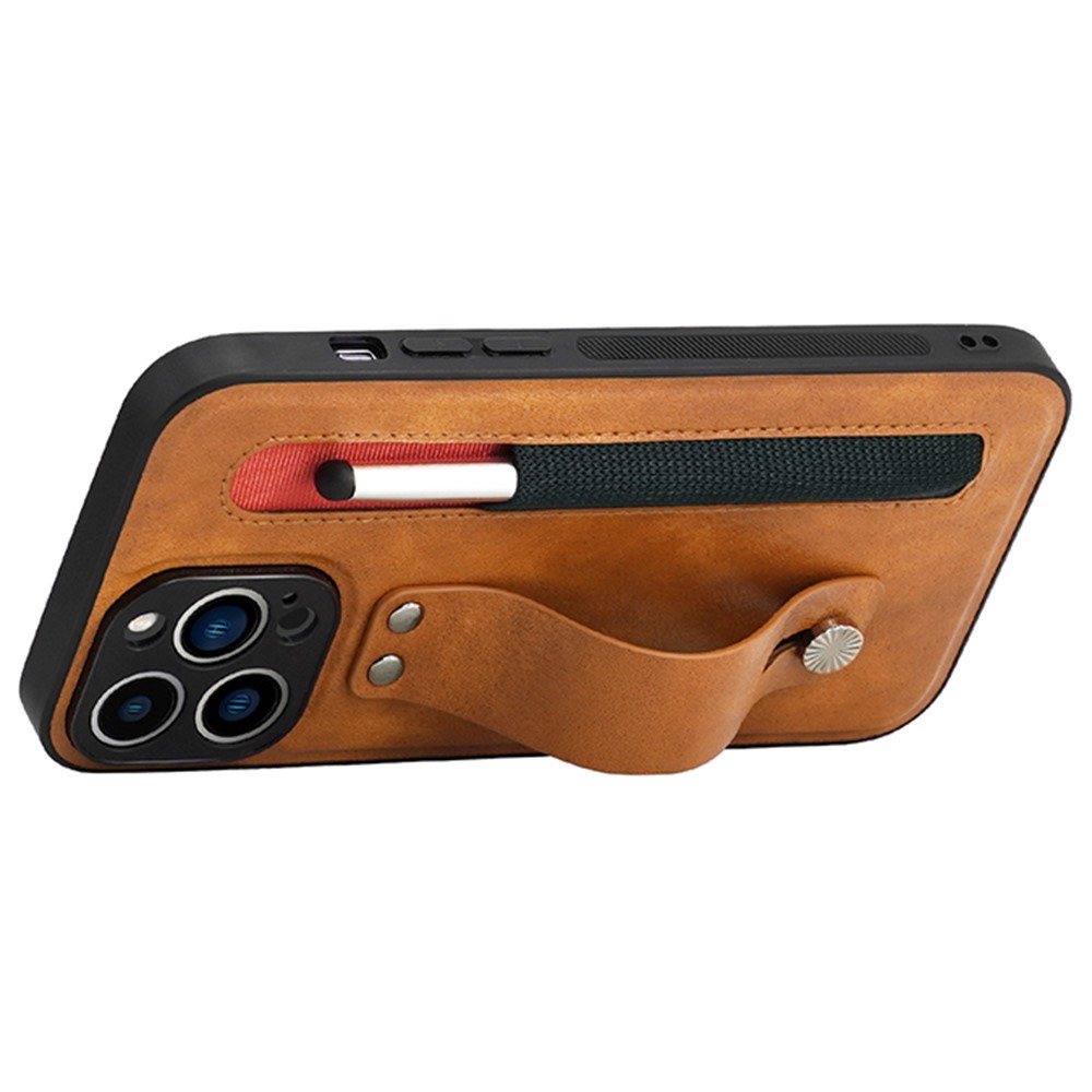 007 Series for iPhone 12 Pro 6.1 inch PU Leather Coated TPU Well-protected Anti-scratch Hand Strap Kickstand Cell Phone Case with Stylus - Brown-4
