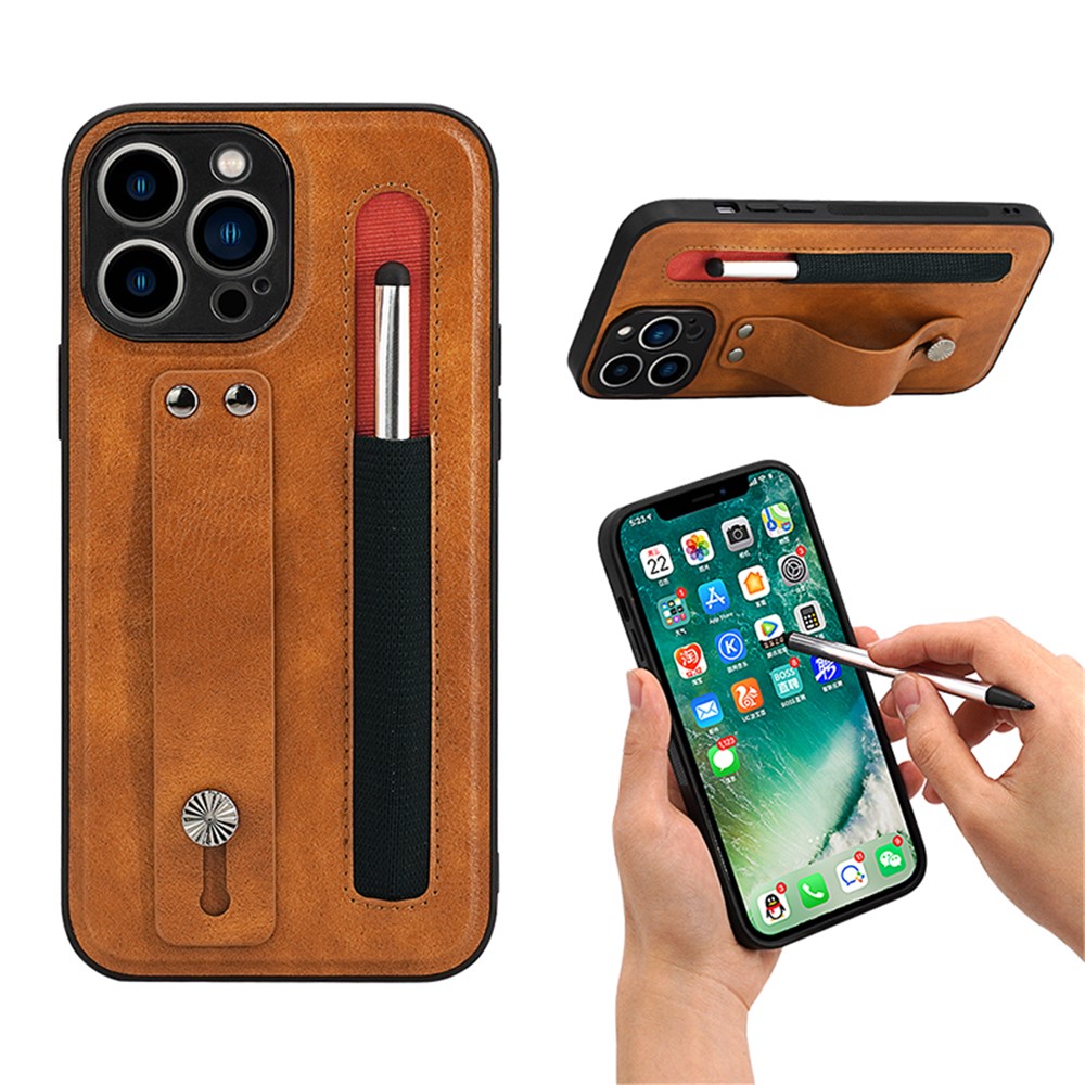 007 Series for iPhone 12 Pro 6.1 inch PU Leather Coated TPU Well-protected Anti-scratch Hand Strap Kickstand Cell Phone Case with Stylus - Brown-6