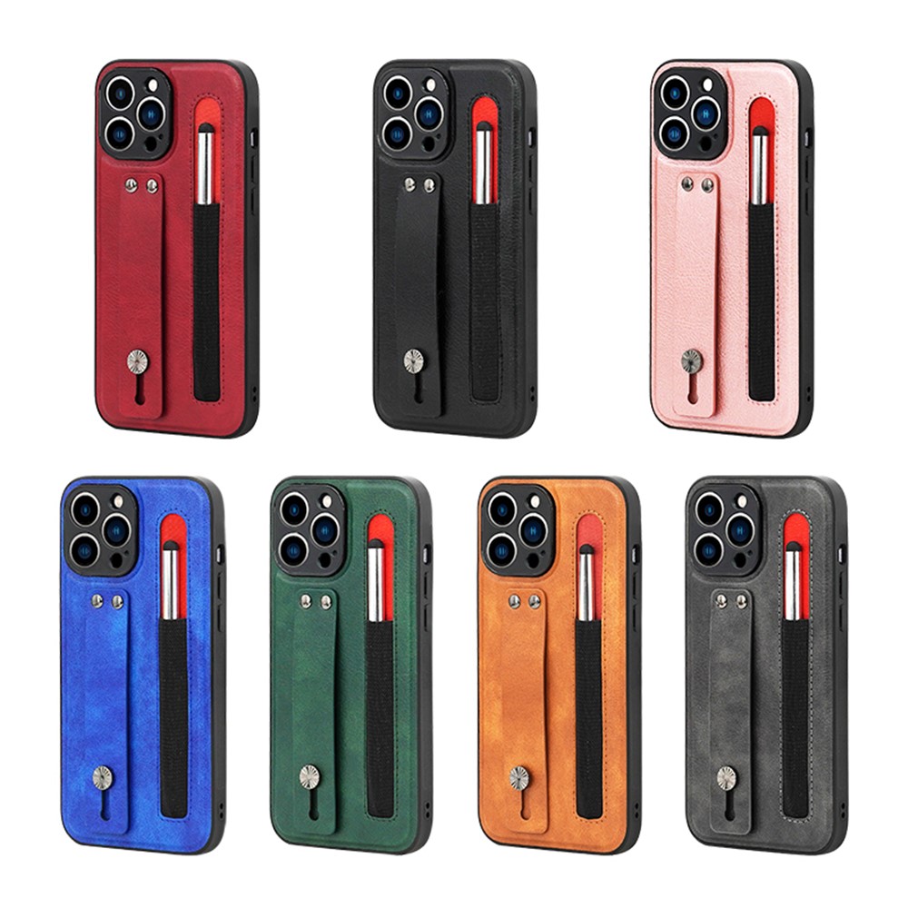 007 Series for iPhone 12 Pro 6.1 inch PU Leather Coated TPU Well-protected Anti-scratch Hand Strap Kickstand Cell Phone Case with Stylus - Brown-7