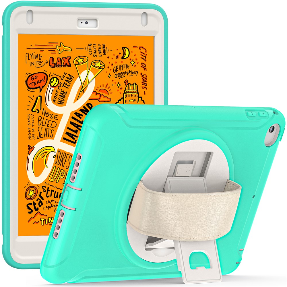 For iPad mini (2019) 7.9 inch/iPad mini 4 Rotary Kickstand PC + Silicone Hybrid Cover Anti-drop Tablet Case with Hand Strap - Mint Green