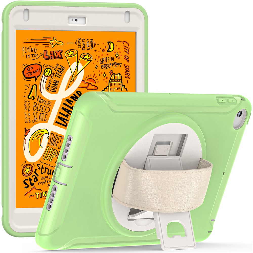 For iPad mini (2019) 7.9 inch/iPad mini 4 Rotary Kickstand PC + Silicone Hybrid Cover Anti-drop Tablet Case with Hand Strap - Matcha Green