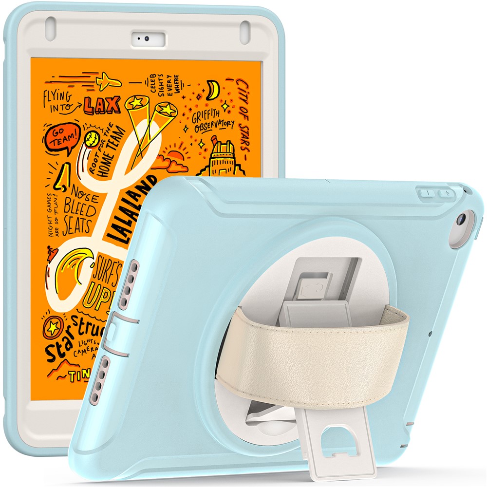 For iPad mini (2019) 7.9 inch/iPad mini 4 Rotary Kickstand PC + Silicone Hybrid Cover Anti-drop Tablet Case with Hand Strap - Crystal Blue