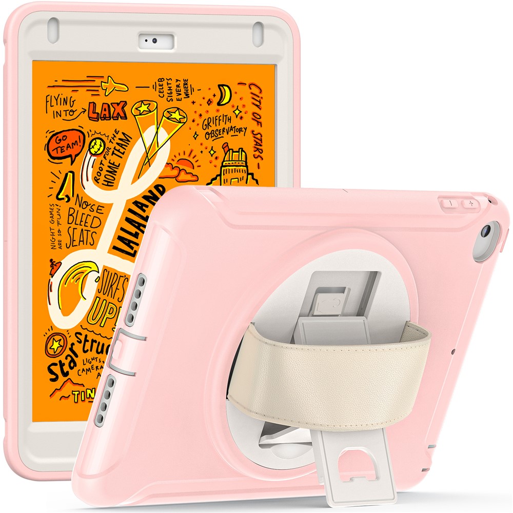 For iPad mini (2019) 7.9 inch/iPad mini 4 Rotary Kickstand PC + Silicone Hybrid Cover Anti-drop Tablet Case with Hand Strap - Cherry Blossoms Pink