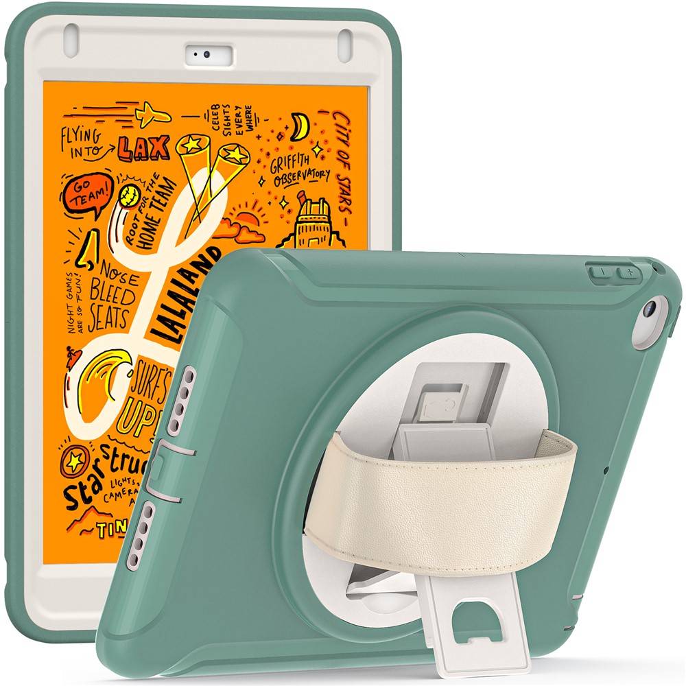 For iPad mini (2019) 7.9 inch/iPad mini 4 Rotary Kickstand PC + Silicone Hybrid Cover Anti-drop Tablet Case with Hand Strap - Emerald Green